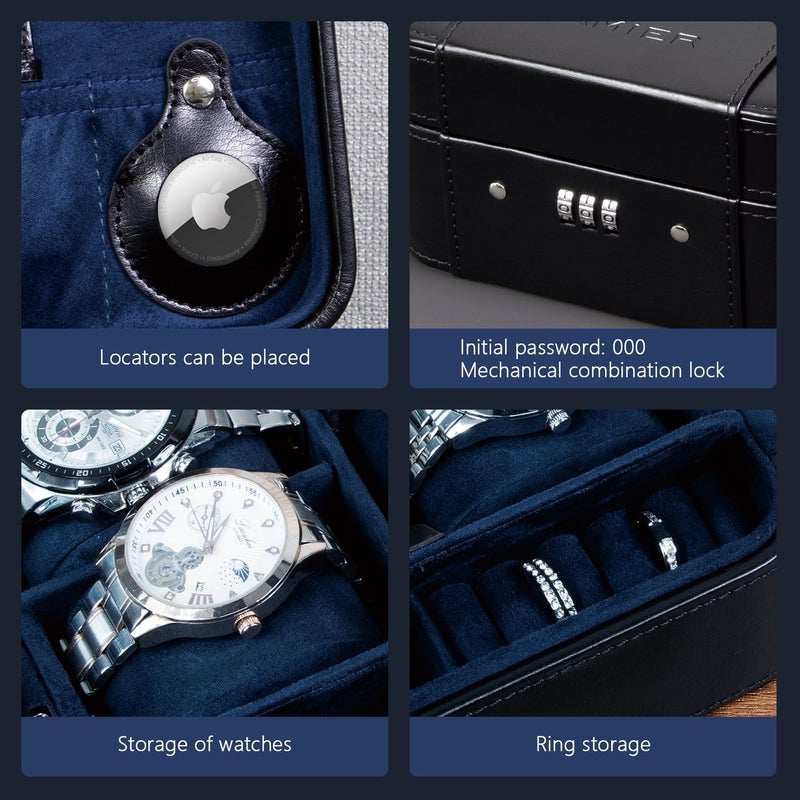KAMIER Watch Case with Combination Lock - 4 Watch Storage and Jewelry Organizer - Watch Travel Case for Ring and Watch Storage, PU Leather Travel Watch Case, Ideal for Gift (With Gift Box),Black - Image 2
